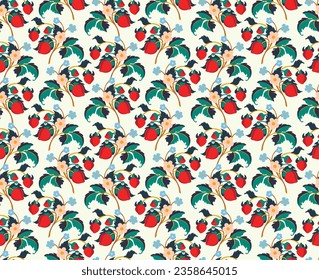 Floral ornamental pattern. Strawberries with fruits and flowers on a colored background . Vector illustration for banners, postcards, flyers, wallpapers for social networks, textiles, tablecloths, nap