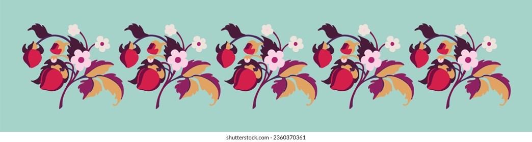 Floral ornamental pattern. Strawberries with fruits and flowers on a colored background . Vector illustration for banners, postcards, flyers, wallpapers for social networks, textiles, tablecloths, nap