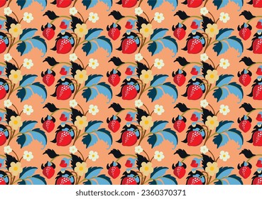Floral ornamental pattern. Strawberries with fruits and flowers on a colored background . Vector illustration for banners, postcards, flyers, wallpapers for social networks, textiles, tablecloths, nap