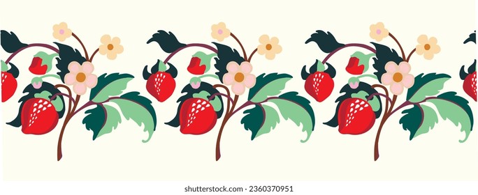 Floral ornamental pattern. Strawberries with fruits and flowers on a colored background . Vector illustration for banners, postcards, flyers, wallpapers for social networks, textiles, tablecloths, nap