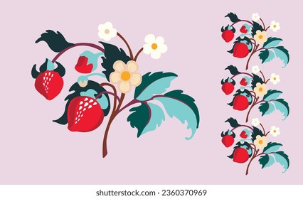 Floral ornamental pattern. Strawberries with fruits and flowers on a colored background . Vector illustration for banners, postcards, flyers, wallpapers for social networks, textiles, tablecloths, nap