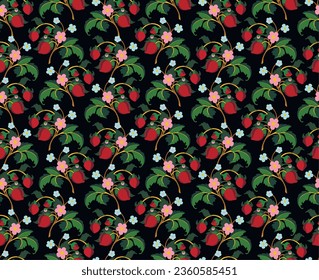 Floral ornamental pattern. Strawberries with fruits and flowers on a colored background . Vector illustration for banners, postcards, flyers, wallpapers for social networks, textiles, tablecloths, nap