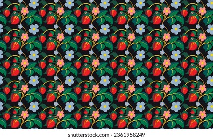 Floral ornamental pattern. Strawberries with fruits and flowers on a colored background . Vector illustration for banners, postcards, flyers, wallpapers for social networks, textiles, tablecloths, nap