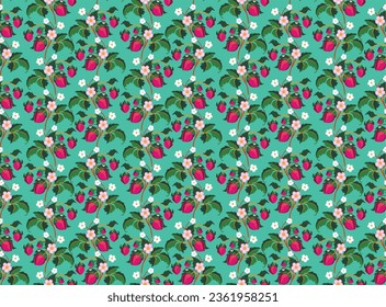 Floral ornamental pattern. Strawberries with fruits and flowers on a colored background . Vector illustration for banners, postcards, flyers, wallpapers for social networks, textiles, tablecloths, nap