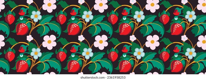 Floral ornamental pattern. Strawberries with fruits and flowers on a colored background . Vector illustration for banners, postcards, flyers, wallpapers for social networks, textiles, tablecloths, nap
