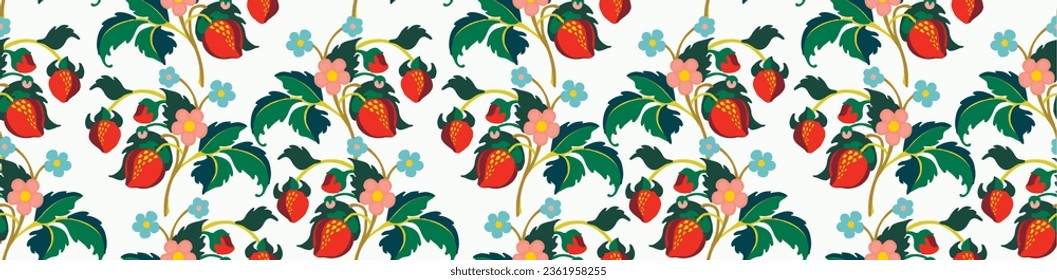 Floral ornamental pattern. Strawberries with fruits and flowers on a colored background . Vector illustration for banners, postcards, flyers, wallpapers for social networks, textiles, tablecloths, nap