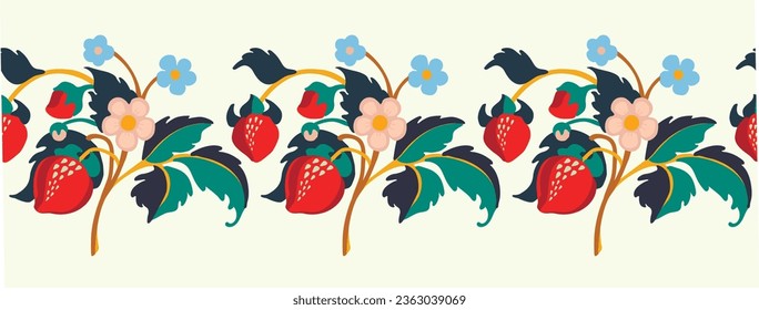 Floral ornamental pattern. Strawberries with fruits and flowers on a colored background . Vector illustration for banners, postcards, flyers, wallpapers for social networks, textiles, tablecloths, nap
