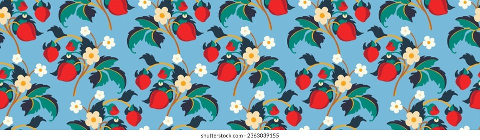 Floral ornamental pattern. Strawberries with fruits and flowers on a colored background . Vector illustration for banners, postcards, flyers, wallpapers for social networks, textiles, tablecloths, nap