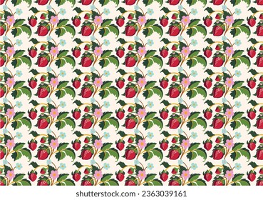 Floral ornamental pattern. Strawberries with fruits and flowers on a colored background . Vector illustration for banners, postcards, flyers, wallpapers for social networks, textiles, tablecloths, nap