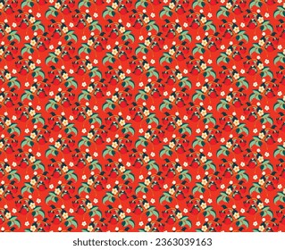 Floral ornamental pattern. Strawberries with fruits and flowers on a colored background . Vector illustration for banners, postcards, flyers, wallpapers for social networks, textiles, tablecloths, nap