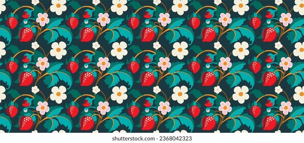 Floral ornamental pattern. Strawberries with fruits and flowers on a colored background . Vector illustration for banners, postcards, flyers, wallpapers for social networks, textiles, tablecloths, nap