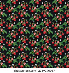 Floral ornamental pattern. Strawberries with fruits and flowers on a colored background . Vector illustration for banners, postcards, flyers, wallpapers for social networks, textiles, tablecloths, nap