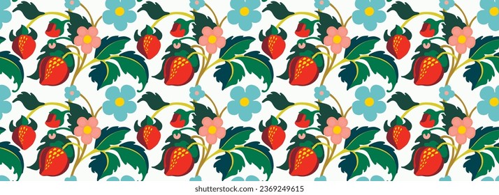 Floral ornamental pattern. Strawberries with fruits and flowers on a colored background . Vector illustration for banners, postcards, flyers, wallpapers for social networks, textiles, tablecloths, nap