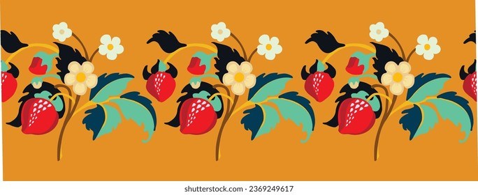 Floral ornamental pattern. Strawberries with fruits and flowers on a colored background . Vector illustration for banners, postcards, flyers, wallpapers for social networks, textiles, tablecloths, nap
