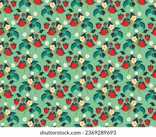 Floral ornamental pattern. Strawberries with fruits and flowers on a colored background . Vector illustration for banners, postcards, flyers, wallpapers for social networks, textiles, tablecloths, nap