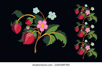 Floral ornamental pattern. Strawberries with fruits and flowers on a colored background . Vector illustration for banners, postcards, flyers, wallpapers for social networks, textiles, tablecloths, nap