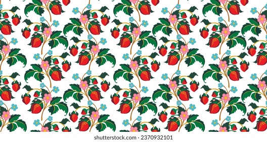 Floral ornamental pattern. Strawberries with fruits and flowers on a colored background . Vector illustration for banners, postcards, flyers, wallpapers for social networks, textiles, tablecloths, nap