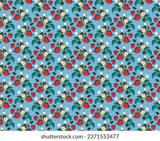 Floral ornamental pattern. Strawberries with fruits and flowers on a colored background . Vector illustration for banners, postcards, flyers, wallpapers for social networks, textiles, tablecloths, nap
