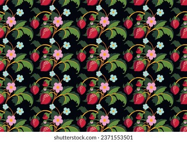 Floral ornamental pattern. Strawberries with fruits and flowers on a colored background . Vector illustration for banners, postcards, flyers, wallpapers for social networks, textiles, tablecloths, nap