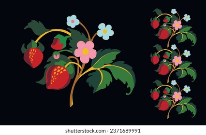 Floral ornamental pattern. Strawberries with fruits and flowers on a colored background . Vector illustration for banners, postcards, flyers, wallpapers for social networks, textiles, tablecloths, nap