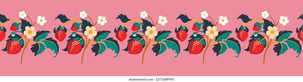 Floral ornamental pattern. Strawberries with fruits and flowers on a colored background . Vector illustration for banners, postcards, flyers, wallpapers for social networks, textiles, tablecloths, nap