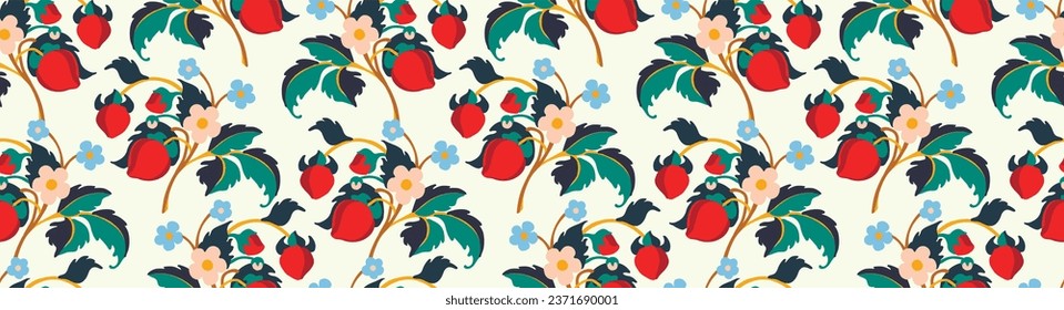 Floral ornamental pattern. Strawberries with fruits and flowers on a colored background . Vector illustration for banners, postcards, flyers, wallpapers for social networks, textiles, tablecloths, nap