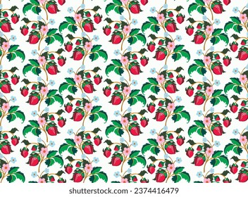 Floral ornamental pattern. Strawberries with fruits and flowers on a colored background . Vector illustration for banners, postcards, flyers, wallpapers for social networks, textiles, tablecloths, nap