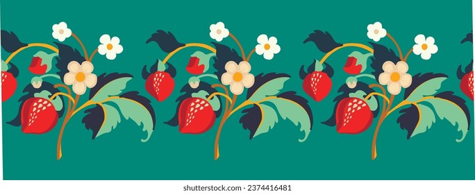 Floral ornamental pattern. Strawberries with fruits and flowers on a colored background . Vector illustration for banners, postcards, flyers, wallpapers for social networks, textiles, tablecloths, nap