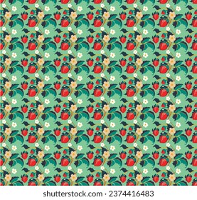 Floral ornamental pattern. Strawberries with fruits and flowers on a colored background . Vector illustration for banners, postcards, flyers, wallpapers for social networks, textiles, tablecloths, nap