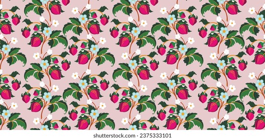 Floral ornamental pattern. Strawberries with fruits and flowers on a colored background . Vector illustration for banners, postcards, flyers, wallpapers for social networks, textiles, tablecloths, nap