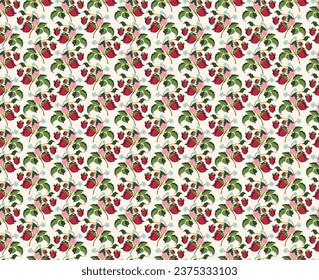 Floral ornamental pattern. Strawberries with fruits and flowers on a colored background . Vector illustration for banners, postcards, flyers, wallpapers for social networks, textiles, tablecloths, nap