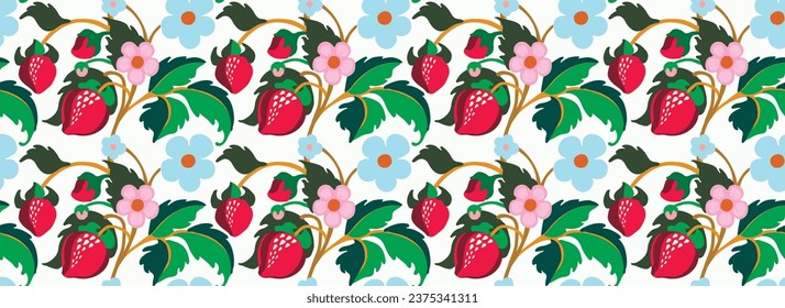Floral ornamental pattern. Strawberries with fruits and flowers on a colored background . Vector illustration for banners, postcards, flyers, wallpapers for social networks, textiles, tablecloths, nap