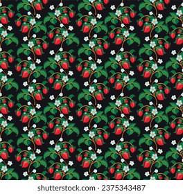 Floral ornamental pattern. Strawberries with fruits and flowers on a colored background . Vector illustration for banners, postcards, flyers, wallpapers for social networks, textiles, tablecloths, nap