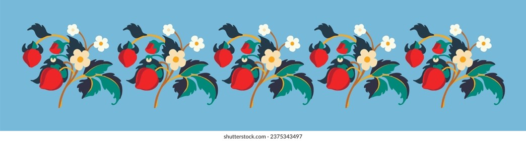 Floral ornamental pattern. Strawberries with fruits and flowers on a colored background . Vector illustration for banners, postcards, flyers, wallpapers for social networks, textiles, tablecloths, nap