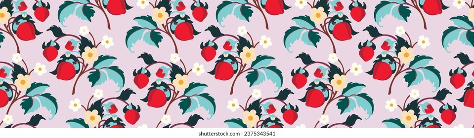 Floral ornamental pattern. Strawberries with fruits and flowers on a colored background . Vector illustration for banners, postcards, flyers, wallpapers for social networks, textiles, tablecloths, nap
