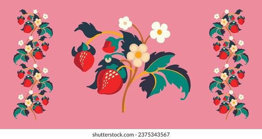 Floral ornamental pattern. Strawberries with fruits and flowers on a colored background . Vector illustration for banners, postcards, flyers, wallpapers for social networks, textiles, tablecloths, nap