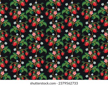 Floral ornamental pattern. Strawberries with fruits and flowers on a colored background . Vector illustration for banners, postcards, flyers, wallpapers for social networks, textiles, tablecloths, nap