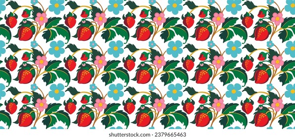 Floral ornamental pattern. Strawberries with fruits and flowers on a colored background . Vector illustration for banners, postcards, flyers, wallpapers for social networks, textiles, tablecloths, nap