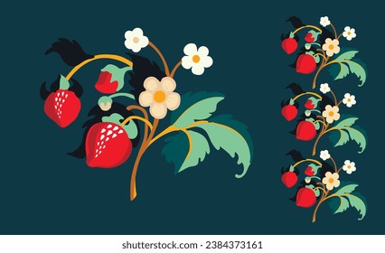 Floral ornamental pattern. Strawberries with fruits and flowers on a colored background . Vector illustration for banners, postcards, flyers, wallpapers for social networks, textiles, tablecloths