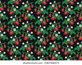 Floral ornamental pattern. Strawberries with fruits and flowers on a colored background . Vector illustration for banners, postcards, flyers, wallpapers for social networks, textiles, tablecloths, nap