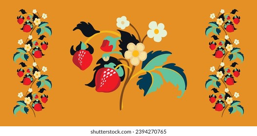 Patrón ornamental floral. Fresas con frutas y flores en un fondo de color. Ilustración vectorial para banners, postales, volantes, fondos de pantalla para redes sociales, textiles, manteles, siesta