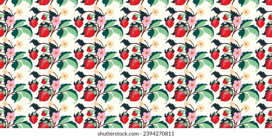 Floral ornamental pattern. Strawberries with fruits and flowers on a colored background . Vector illustration for banners, postcards, flyers, wallpapers for social networks, textiles, tablecloths, nap