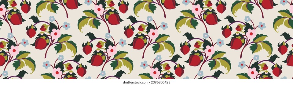 Patrón ornamental floral. Fresas con frutas y flores en un fondo de color. Ilustración vectorial para banners, postales, volantes, fondos de pantalla para redes sociales, textiles, manteles, siesta