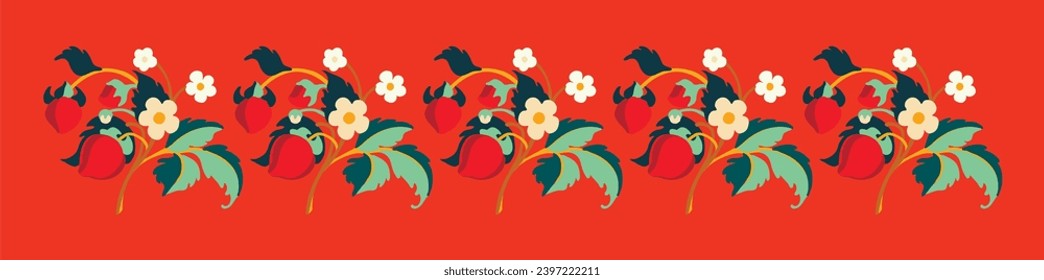 Patrón ornamental floral. Fresas con frutas y flores en un fondo de color. Ilustración vectorial para banners, postales, volantes, fondos de pantalla para redes sociales, textiles, manteles, siesta