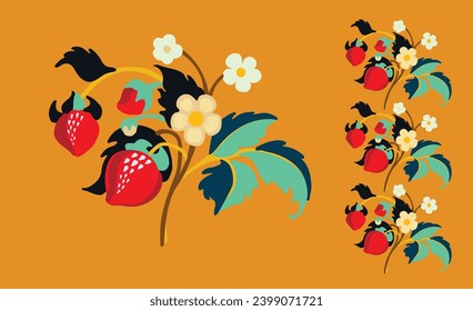 Patrón ornamental floral. Fresas con frutas y flores en un fondo de color. Ilustración vectorial para banners, postales, volantes, fondos de pantalla para redes sociales, textiles, manteles, siesta