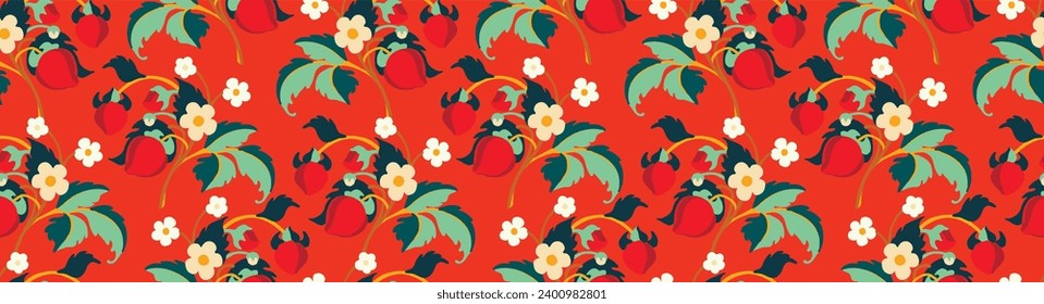 Patrón ornamental floral. Fresas con frutas y flores en un fondo de color. Ilustración vectorial para banners, postales, volantes, fondos de pantalla para redes sociales, textiles, manteles, siesta