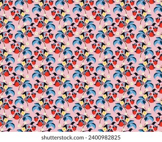 Floral ornamental pattern. Strawberries with fruits and flowers on a colored background . Vector illustration for banners, postcards, flyers, wallpapers for social networks, textiles, tablecloths, nap