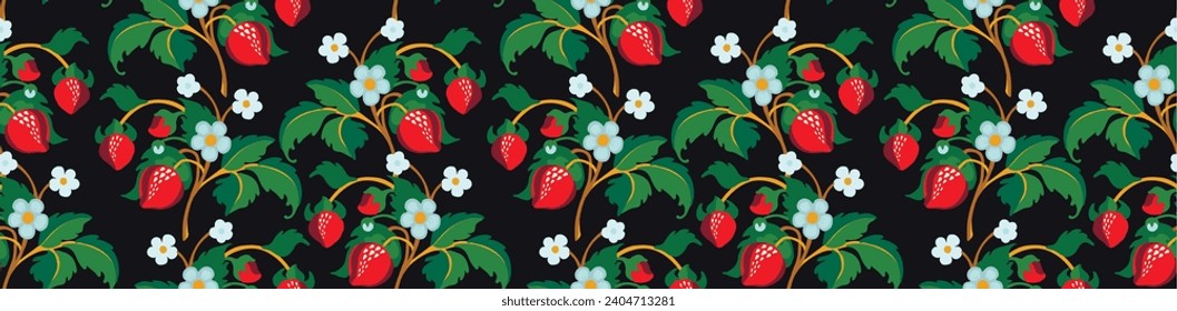 Patrón ornamental floral. Fresas con frutas y flores en un fondo de color. Ilustración vectorial para banners, postales, volantes, fondos de pantalla para redes sociales, textiles, manteles, siesta