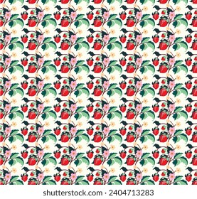 Patrón ornamental floral. Fresas con frutas y flores en un fondo de color. Ilustración vectorial para banners, postales, volantes, fondos de pantalla para redes sociales, textiles, manteles, siesta