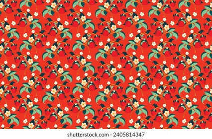 Patrón ornamental floral. Fresas con frutas y flores en un fondo de color. Ilustración vectorial para banners, postales, volantes, fondos de pantalla para redes sociales, textiles, manteles, siesta